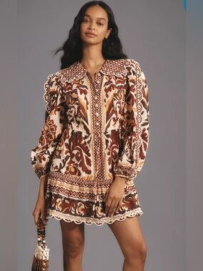 Farm Rio Cream Toucans Scarf Mini Dress L Long Sleeve Boho Printed Scallop Hem